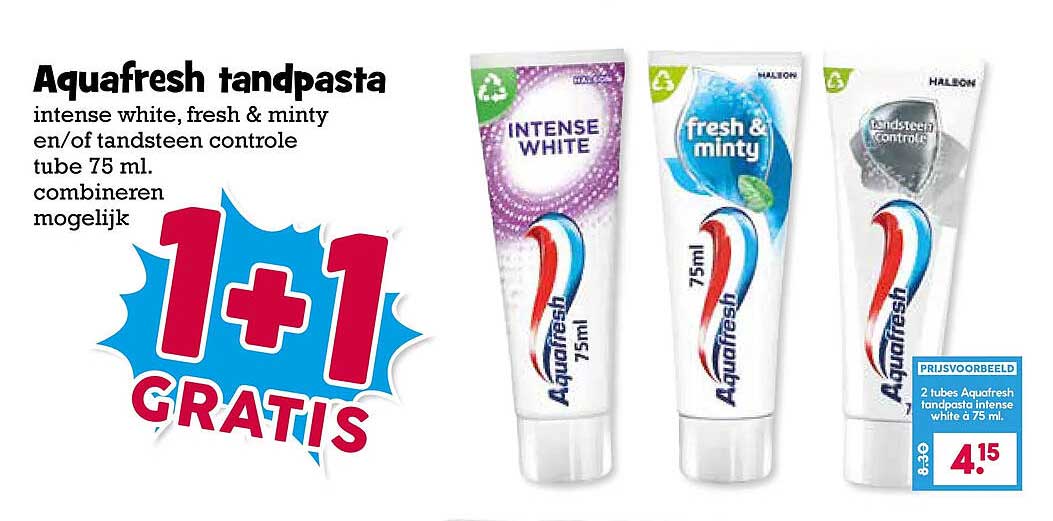 Aquafresh tandpasta intense white, fresh & minty en/of tandsteen controle tube 75 ml combineren mogelijk 1+1 gratis