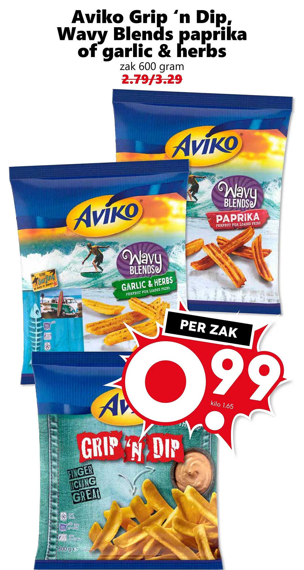 Aviko Grip ’n Dip, Wavy Blends paprika of garlic & herbs zak 600 gram