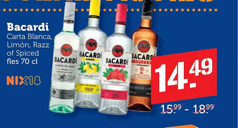 Bacardi Carta Blanca, Limón, Razz of Spiced fles 70 cl