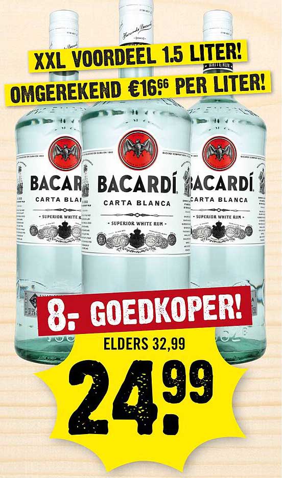 Bacardi Carta Blanca XXL Voordeel 1,5 liter! Omgerekend €16,66 per liter! 8,- goedkoper!