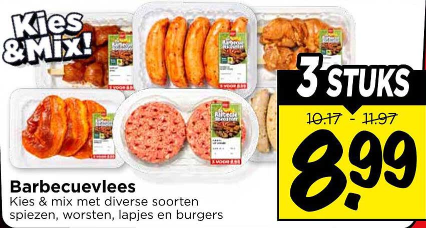 Barbecuevlees Kies & mix met diverse soorten spiezen, worsten, lapjes en burgers 3 stuks