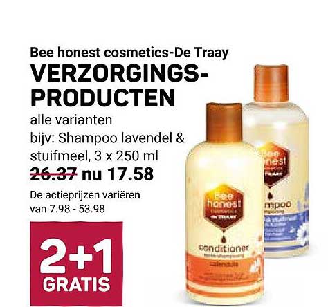Bee honest cosmetics-De Traay VERZORGINGSPRODUCTEN 2+1 GRATIS