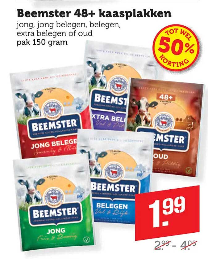 Beemster 48+ kaasplakken jong, jong belegen, belegen, extra belegen of oud pak 150 gram