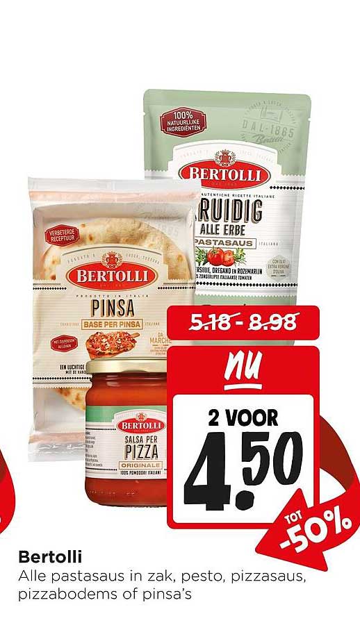Bertolli Alle pastasaus in zak, pesto, pizzasaus, pizzabodems of pinsa’s NU 2 voor 4.50 tot -50%