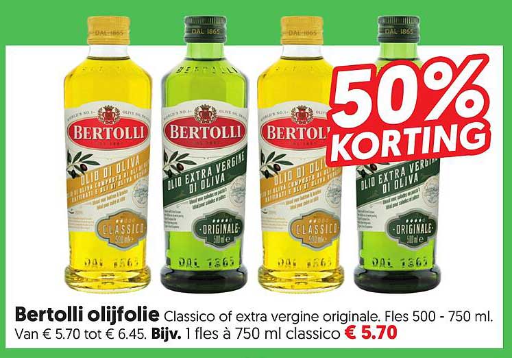 Bertolli olijfolie Classico of extra vergine originale. Fles 500 - 750 ml. 50% KORTING