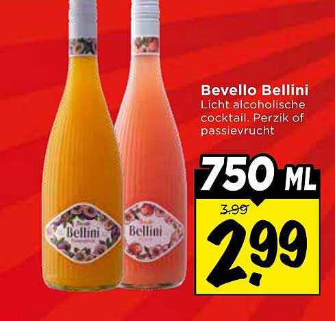 Bevello Bellini Licht alcoholische cocktail. Perzik of passievrucht