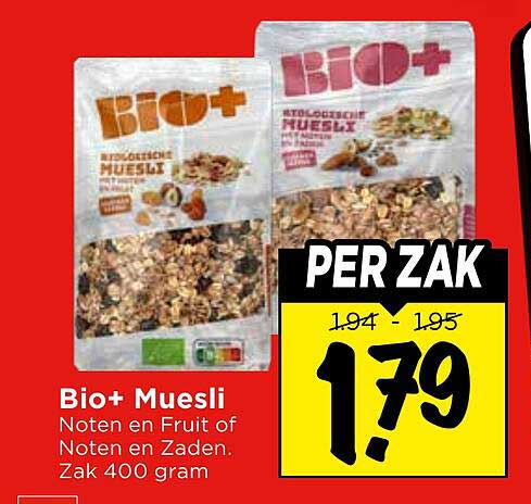 Bio+ Muesli Noten en Fruit of Noten en Zaden. Zak 400 gram