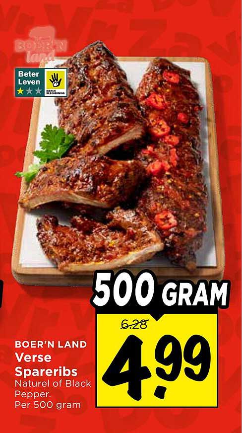BOER'N LAND Verse Spareribs Naturel of Black Pepper, Per 500 gram
