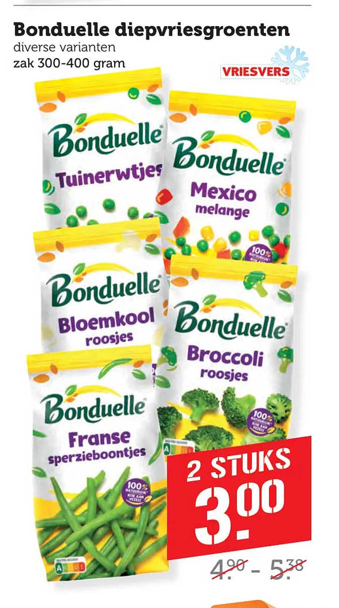 Bonduelle diepvriesgroenten diverse varianten zak 300-400 gram 2 STUKS