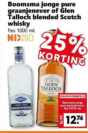 Boomsma jonge pure graanjenever of Glen Talloch blended Scotch whisky NIJ18 25% KORTING
