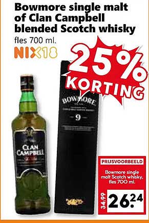 Bowmore single malt of Clan Campbell blended Scotch whisky 25% korting