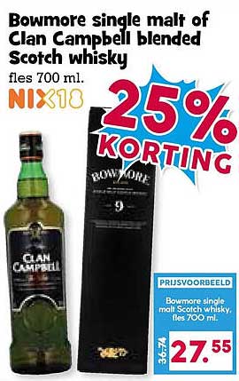 Bowmore single malt of Clan Campbell blended Scotch whisky fles 700 ml. NIX18 25% KORTING