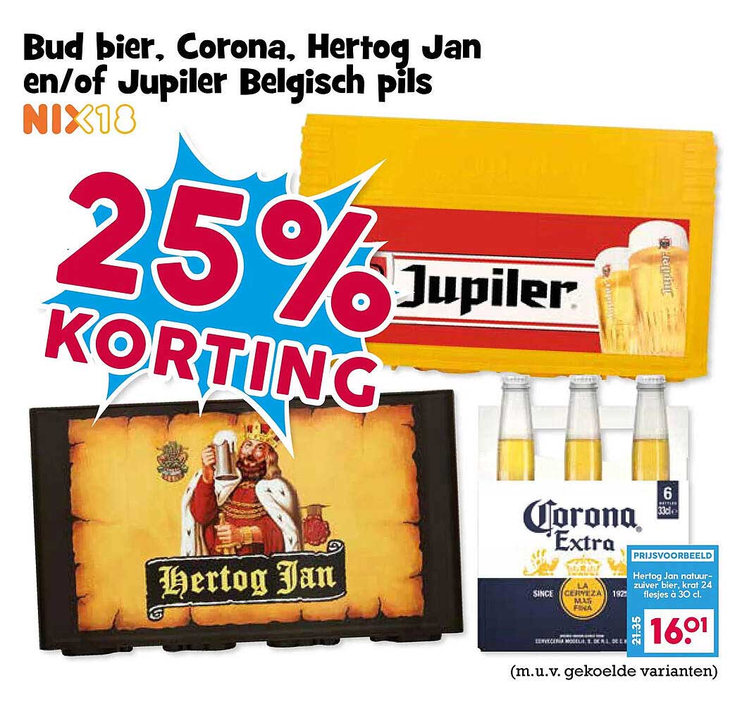 Bud bier, Corona, Hertog Jan en/of Jupiler Belgisch pils 25% korting