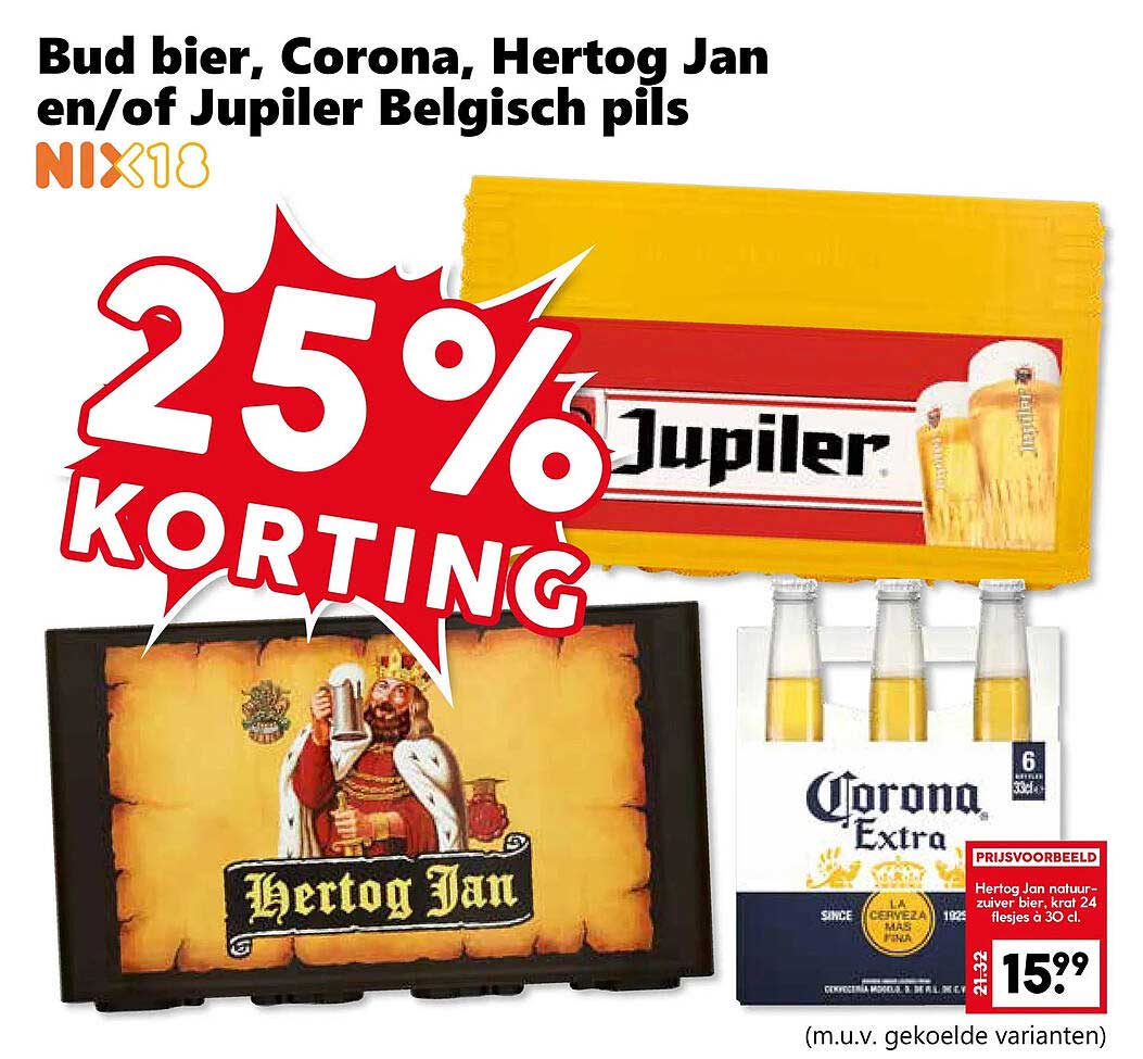 Bud bier, Corona, Hertog Jan en/of Jupiler Belgisch pils 25% korting