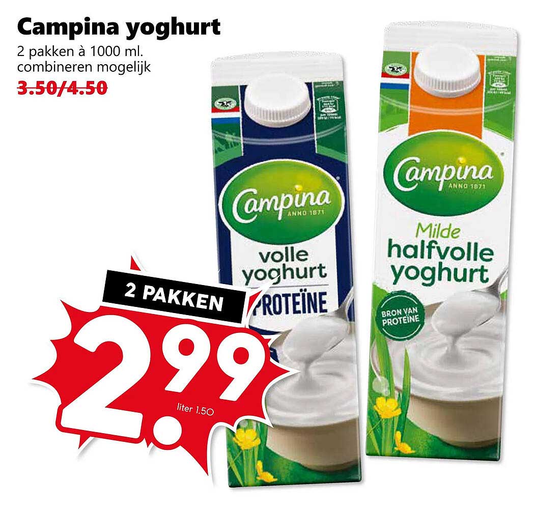 Campina yoghurt 2 pakken à 1000 ml, combineren mogelijk