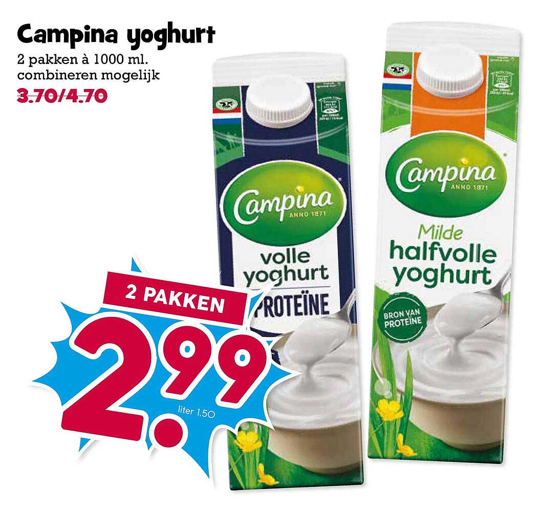 Campina yoghurt 2 pakken à 1000 ml. combineren mogelijk