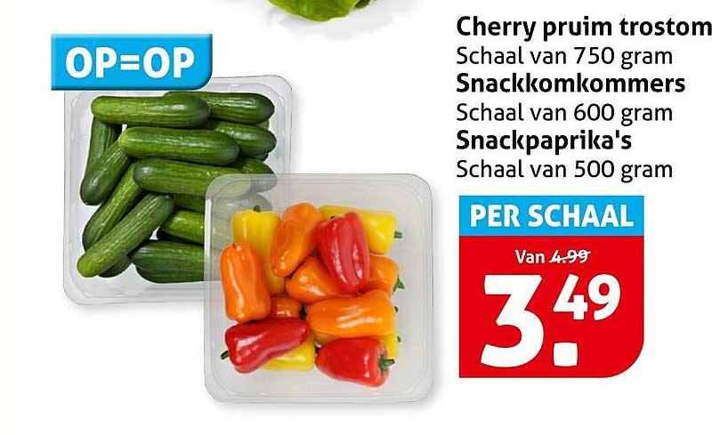 Cherry pruim trostomaten, Snackkomkommers, Snackpaprika's - PER SCHAAL