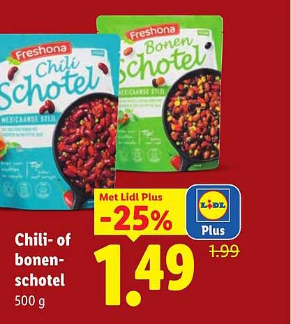Chili- of bonen-schotel 500 g Met Lidl Plus -25%