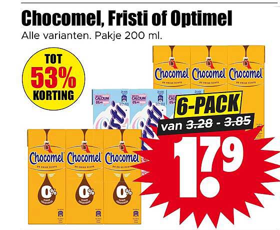 Chocomel, Fristi of Optimel Alle varianten. Pakje 200 ml. 6-PACK