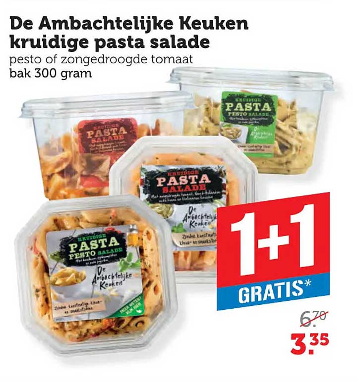 De Ambachtelijke Keuken kruidige pasta salade pesto of zongedroogde tomaat bak 300 gram 1+1 GRATIS*