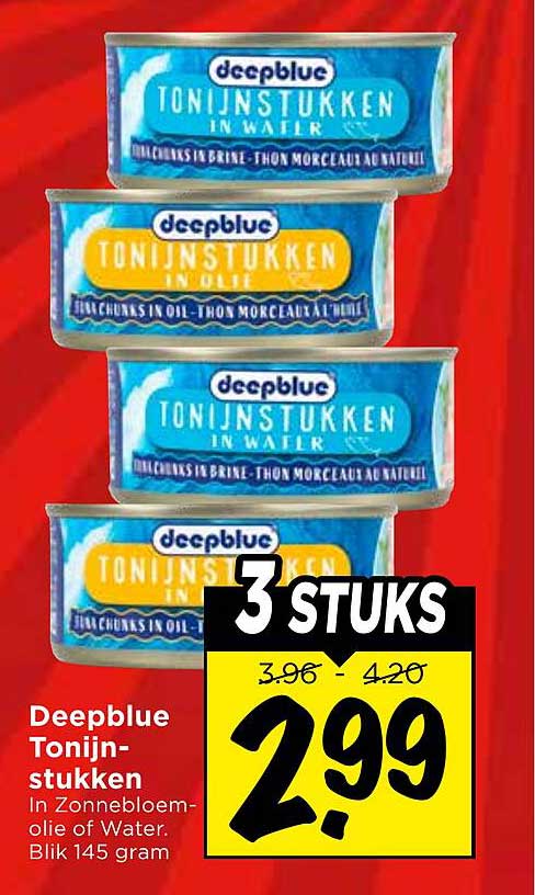Deepblue Tonijnstukken In Zonnebloemolie of Water. Blik 145 gram 3 STUKS
