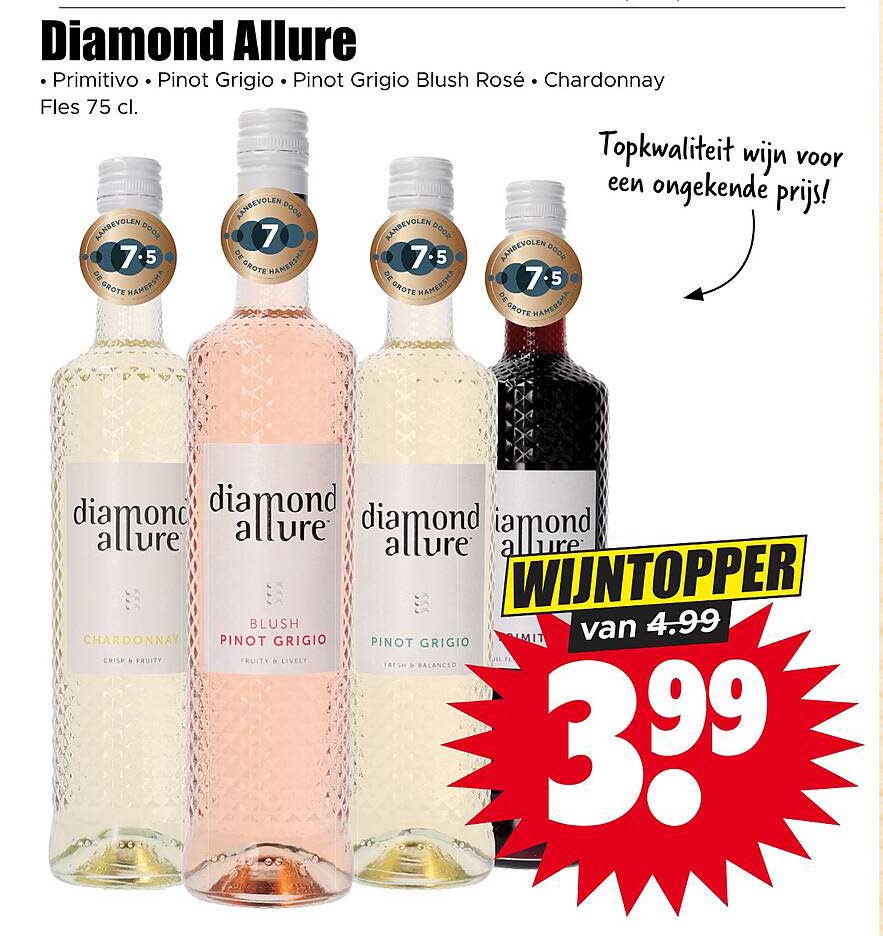Diamond Allure • Primitivo • Pinot Grigio • Pinot Grigio Blush Rosé • Chardonnay Fles 75 cl. WIJNTOPPER