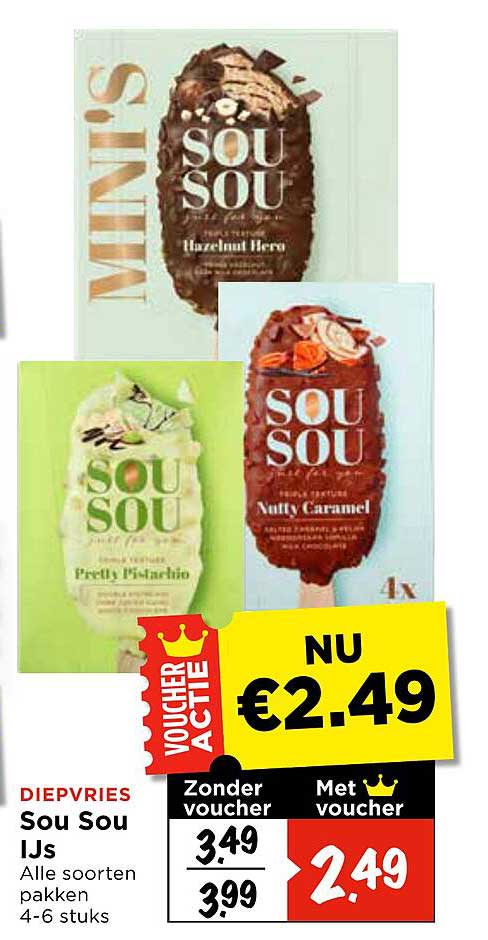 Diepvries Sou Sou IJs alle soorten pakken 4-6 stuks VOUCHER ACTIE