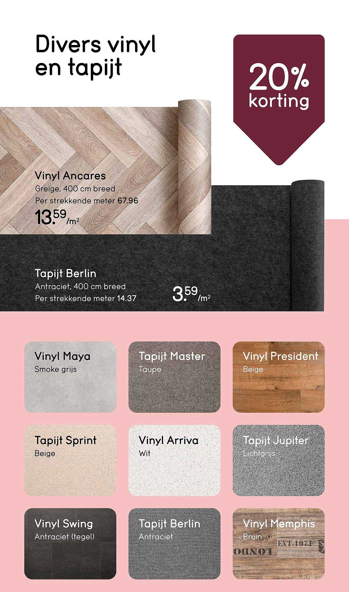 Divers vinyl en tapijt 20% korting