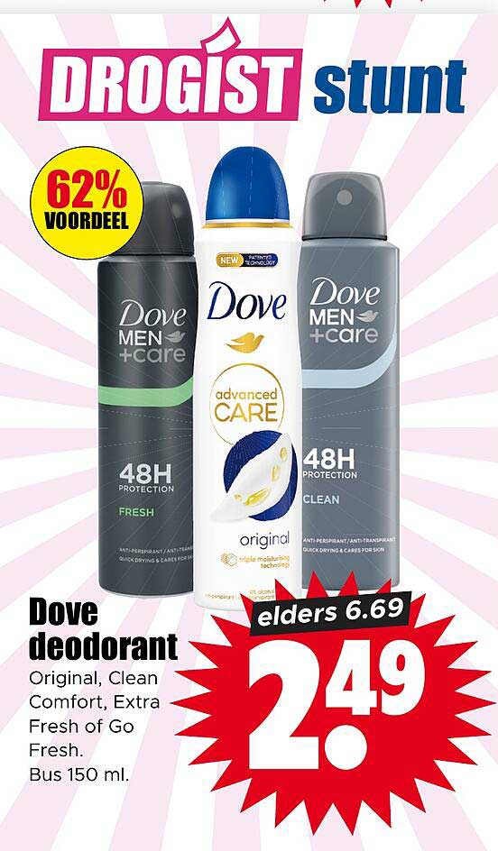 Dove deodorant Original, Clean, Comfort, Extra Fresh of Go Fresh. Bus 150 ml. 62% voordeel