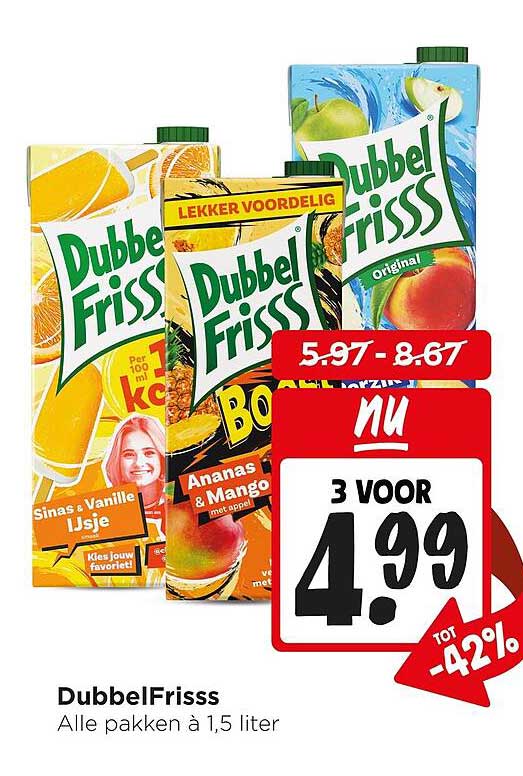 DubbelFrisss Alle pakken à 1,5 liter 3 voor 4.99