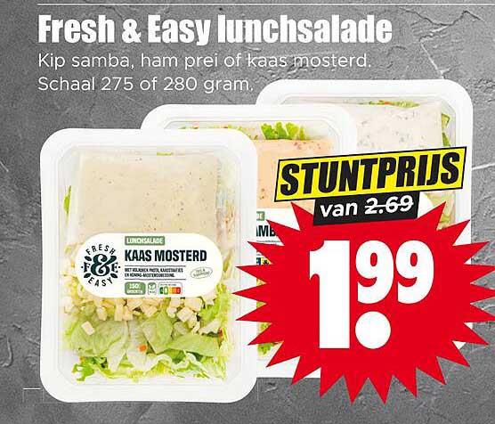 Fresh & Easy lunchsalade Kip samba, ham prei of kaas mosterd. Schaal 275 of 280 gram.