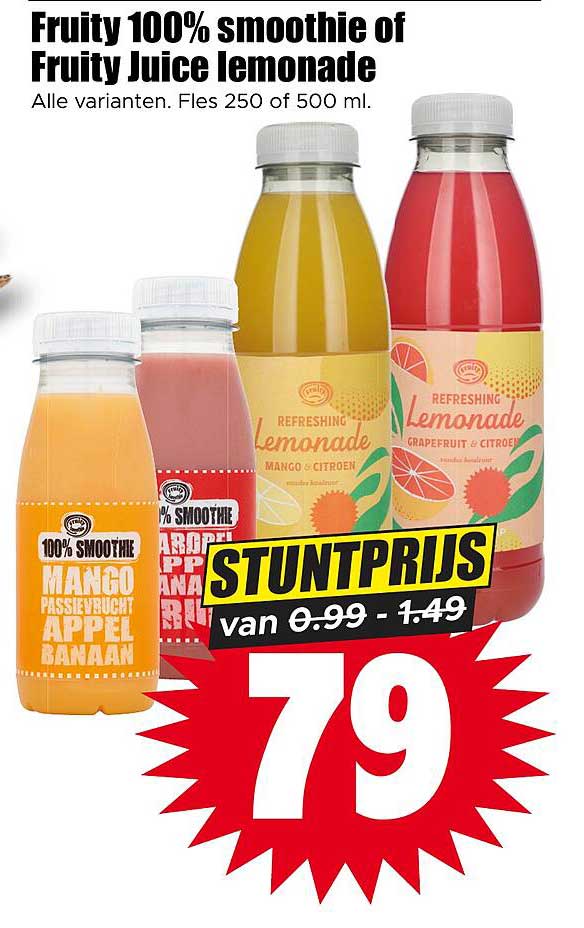 Fruity 100% smoothie of Fruity Juice lemonade Alle varianten. Fles 250 of 500 ml. STUNTPRIJS