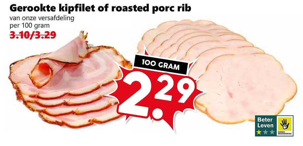 Gerookte kipfilet of roasted porc rib