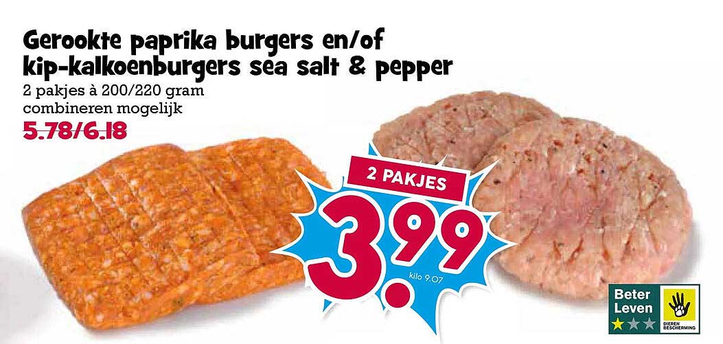 Gerookte paprika burgers en/of kip-kalkoenburgers sea salt & pepper 2 pakjes