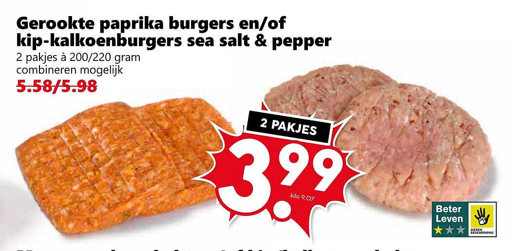 Gerookte paprika burgers en/of kip-kalkoenburgers sea salt & pepper 2 pakjes à 200/220 gram combineren mogelijk