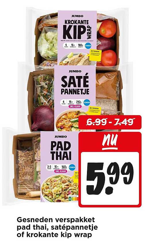 Gesneden verspakketten pad thai, satépannetje of krokante kip wrap