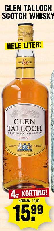 GLEN TALLOCH SCOTCH WHISKY HELE LITER! 4.- KORTING.