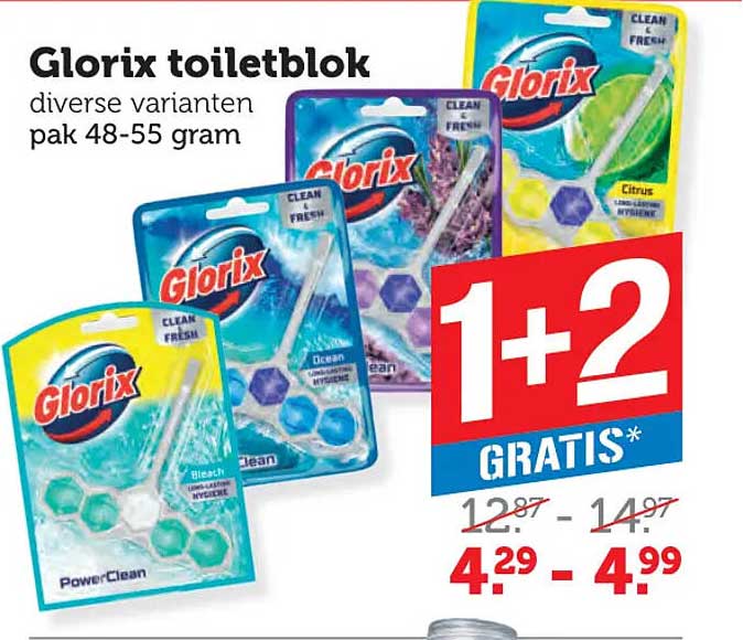 Glorix toiletblok diverse varianten pak 48-55 gram 1+2 GRATIS*