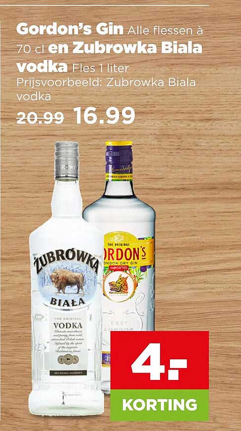 Gordon's Gin Alle flessen à 70 cl en Zubrowka Biala vodka Fles 1 liter Prijsvoorbeeld: Zubrowka Biala vodka 4,- KORTING