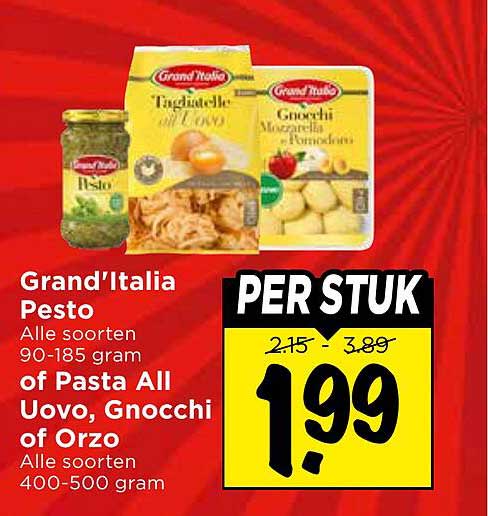 Grand'Italia Pesto Alle soorten 90-185 gram of Pasta All Uovo, Gnocchi of Orzo Alle soorten 400-500 gram PER STUK