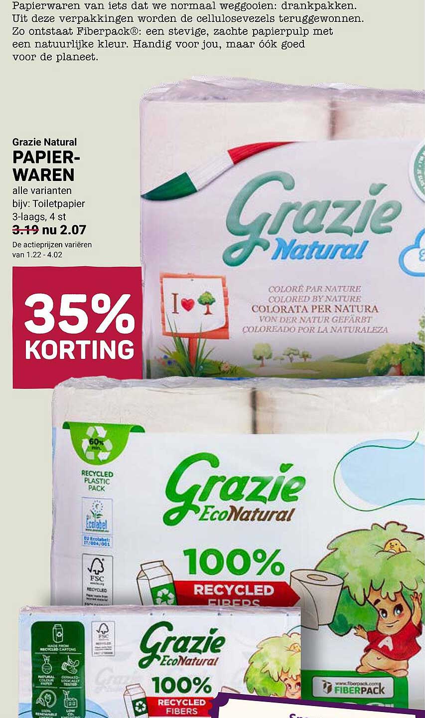 Grazie Natural PAPIERWAREN alle varianten bijv: Toiletpapier 3-laags, 4 st 35% KORTING