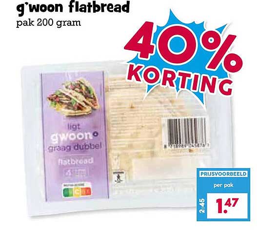 g'woon flatbread pak 200 gram 40% KORTING