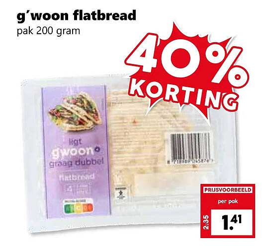 g'woon flatbread pak 200 gram 40% KORTING