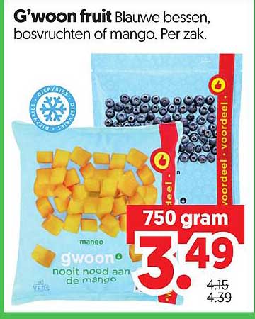 G'woon fruit Blauwe bessen, bosvruchten of mango. Per zak.