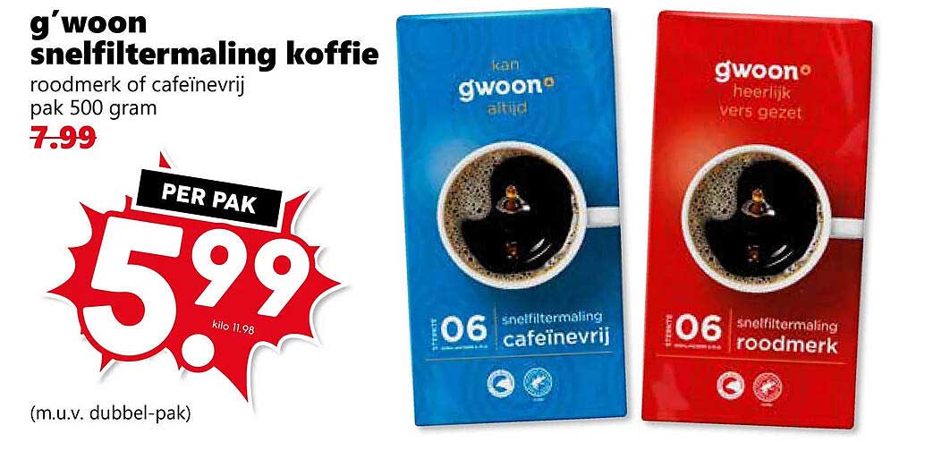 g'woon snelfiltermaling koffie roodmerk of cafeïnevrij pak 500 gram