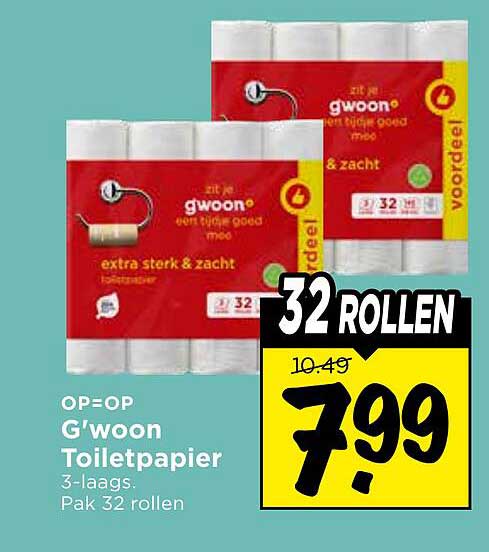 G'woon Toiletpapier 3-laags. Pak 32 rollen
