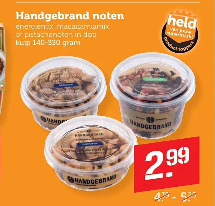 Handgebrand noten energiemix, macadamiamix of pistachenoten in dop kuip 140-330 gram