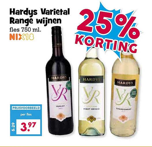 Hardys Varietal Range wijnen fles 750 ml. NIX18 25% KORTING