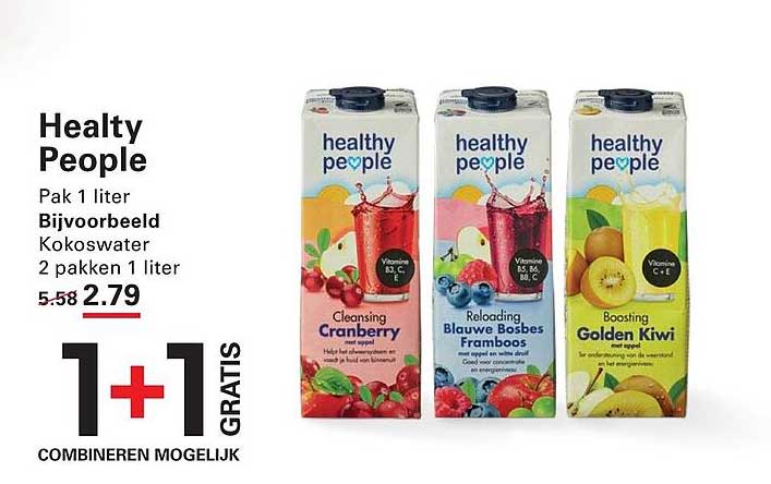 Healthy People Pak 1 liter Bijvoorbeeld Kokoswater 2 pakken 1 liter 1+1 GRATIS