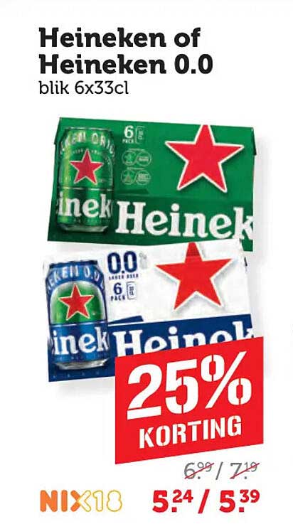 Heineken of Heineken 0.0 blik 6x33cl 25% KORTING